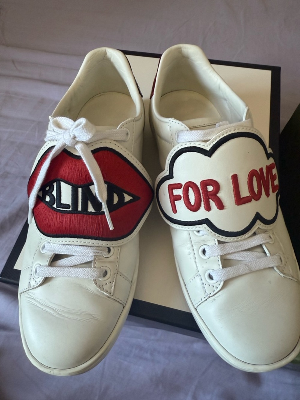 Gucci White Women's Sneakers with Red 'For Love' and 'Blind' Patches 36.5